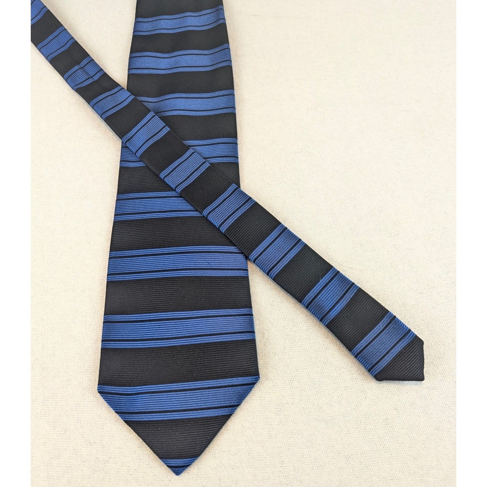 Paolo Designed by Paolo Gucci Mens Tie Black Blue Horizontal Striped Classic VTG